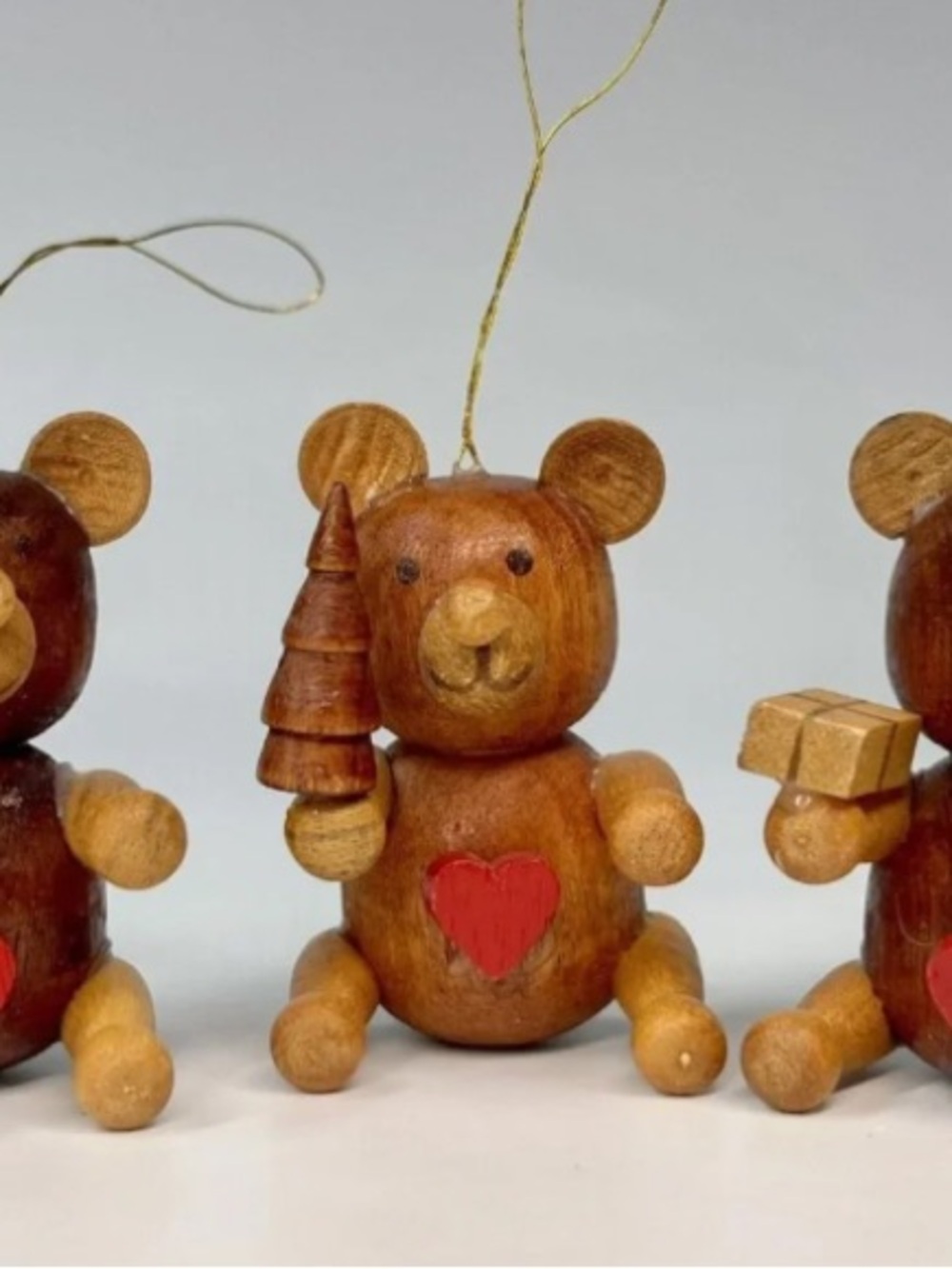 Handcrafted Brown Wooden Bear Holiday Pillow Ornament with Red Heart